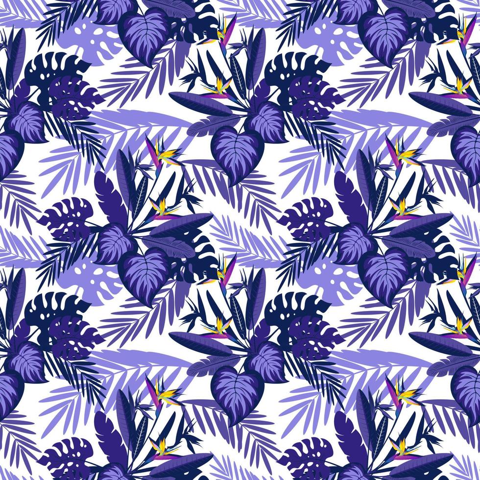 Seamless patterns with tropical exotic leaves and flowers. Vector image.