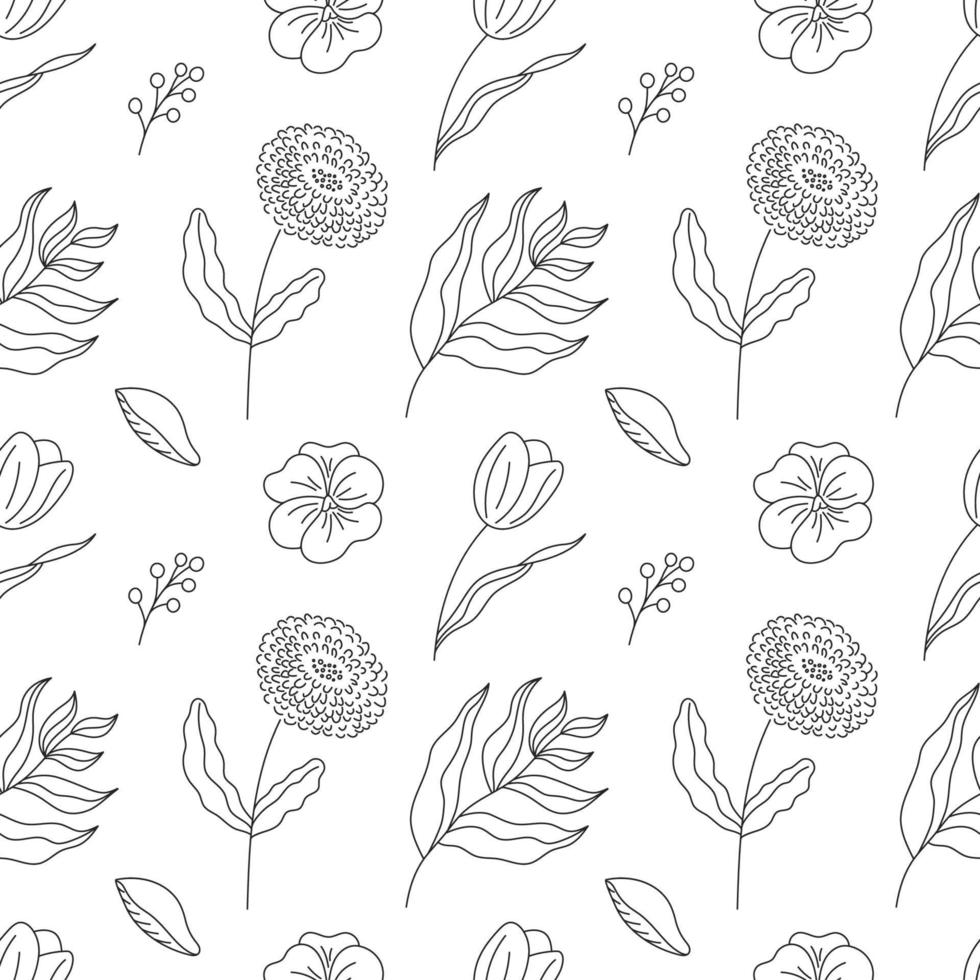 Hand drawn seamless pattern flowers and branches in an elegant style. Vector illustration, isolated black elements on a white background