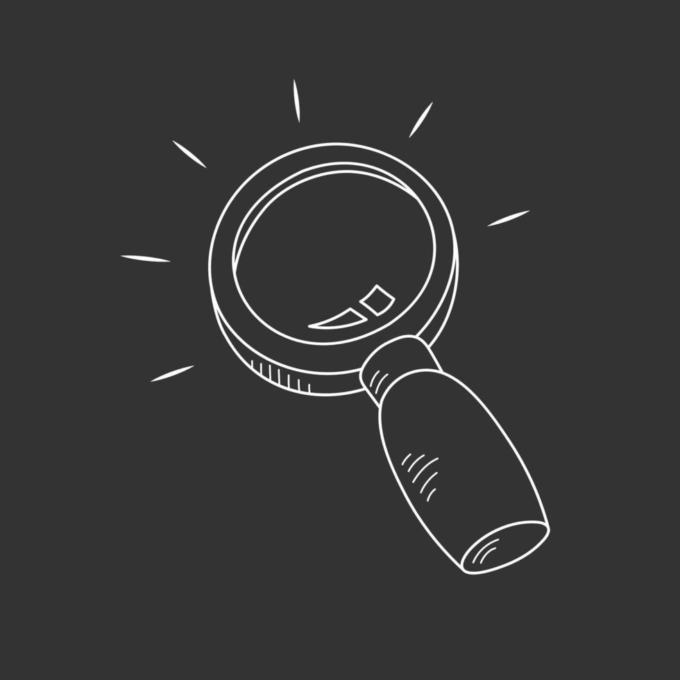 Magnify glass in doodle style, hand drawn sketch. Search symbol icon in cartoon style, vector illuistration. Isolated element on black background for print and design. Lupe tool for detective