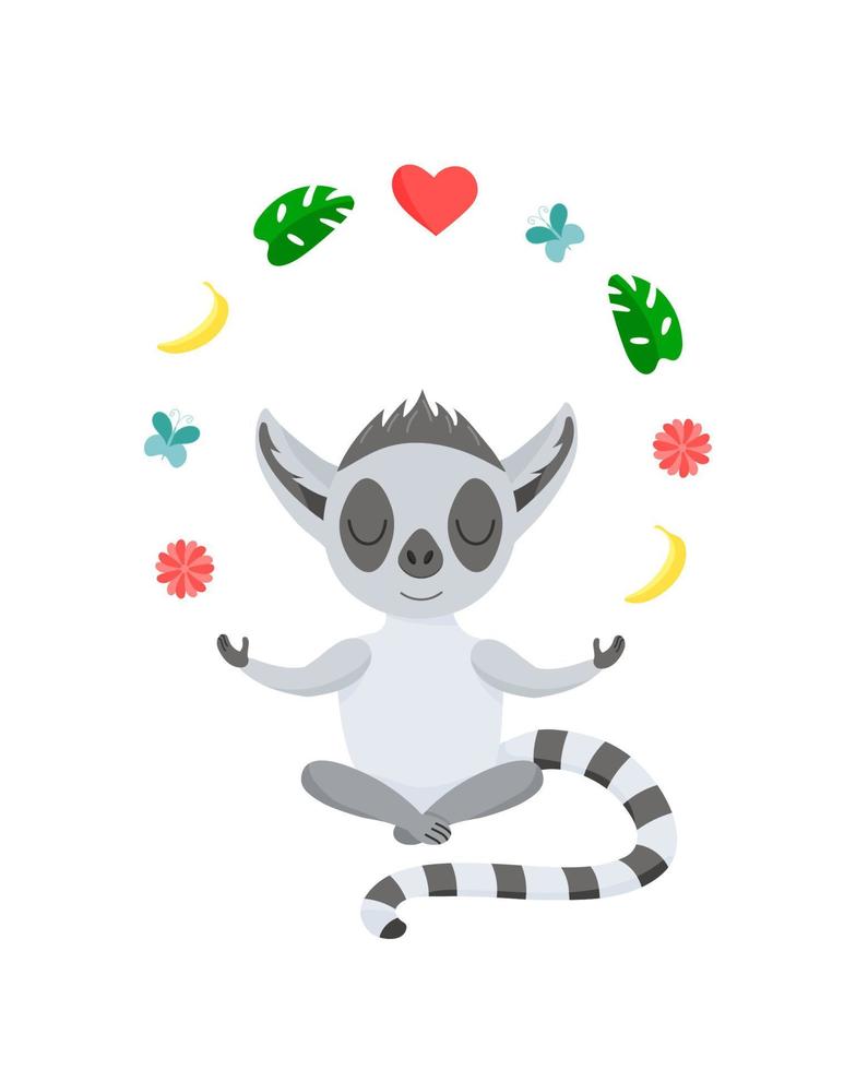 el lémur gris divertido medita en la posición de loto y hace malabarismos. lindo animal bebé en estilo de dibujos animados. levitación durante el yoga. ilustración vectorial, elementos de color aislados sobre un fondo blanco vector