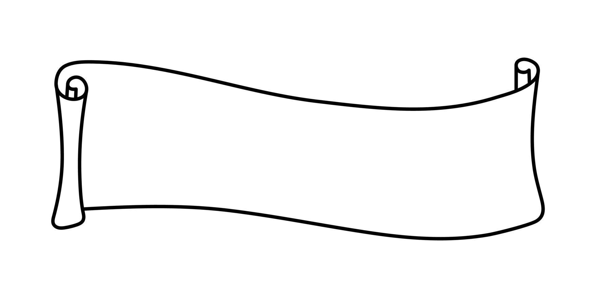 marco de desplazamiento en estilo de fideos, ilustración vectorial. símbolo de dibujos animados aislado para diario de decoración, diario y planificador. esbozar elemento negro sobre fondo blanco. rollo de papel de plantilla para texto vector
