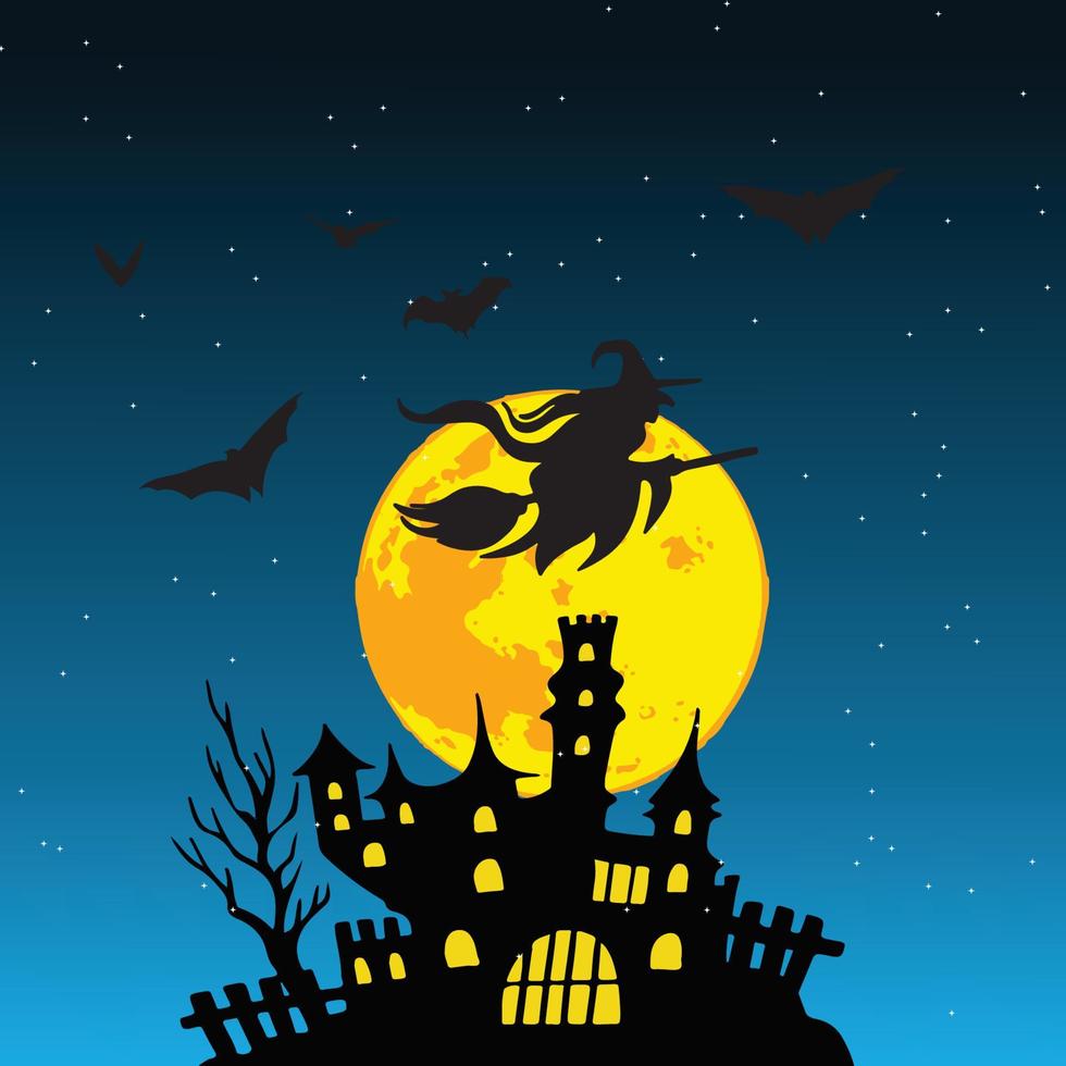 Halloween background with witch, castle and bats vector