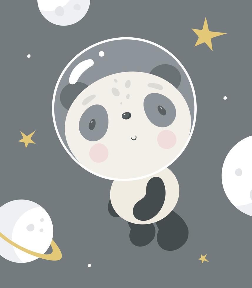 lindo panda en el espacio. estilo de dibujos animados ilustración vectorial para cosas de niños, tarjetas, carteles, pancartas, libros para niños, impresión en el paquete, impresión en ropa, tela, papel pintado, textil o platos. vector