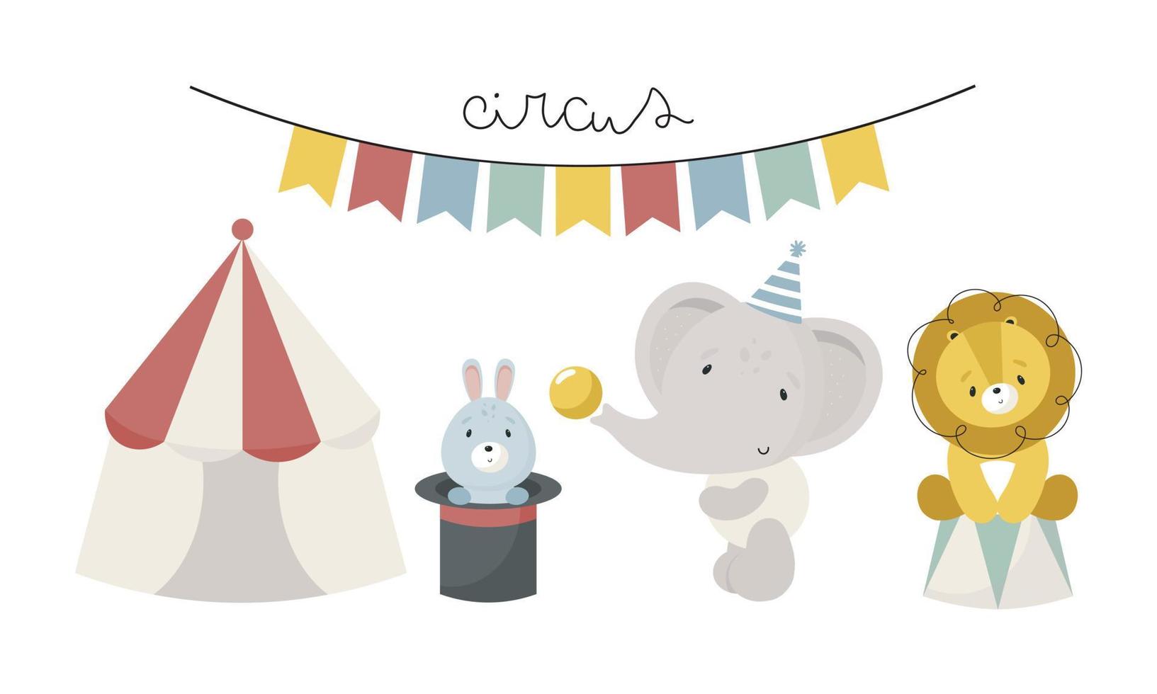 Circus collection with Circus Tent, Rabbit, Elephant, Lion. Vector illustration in cartoon style.