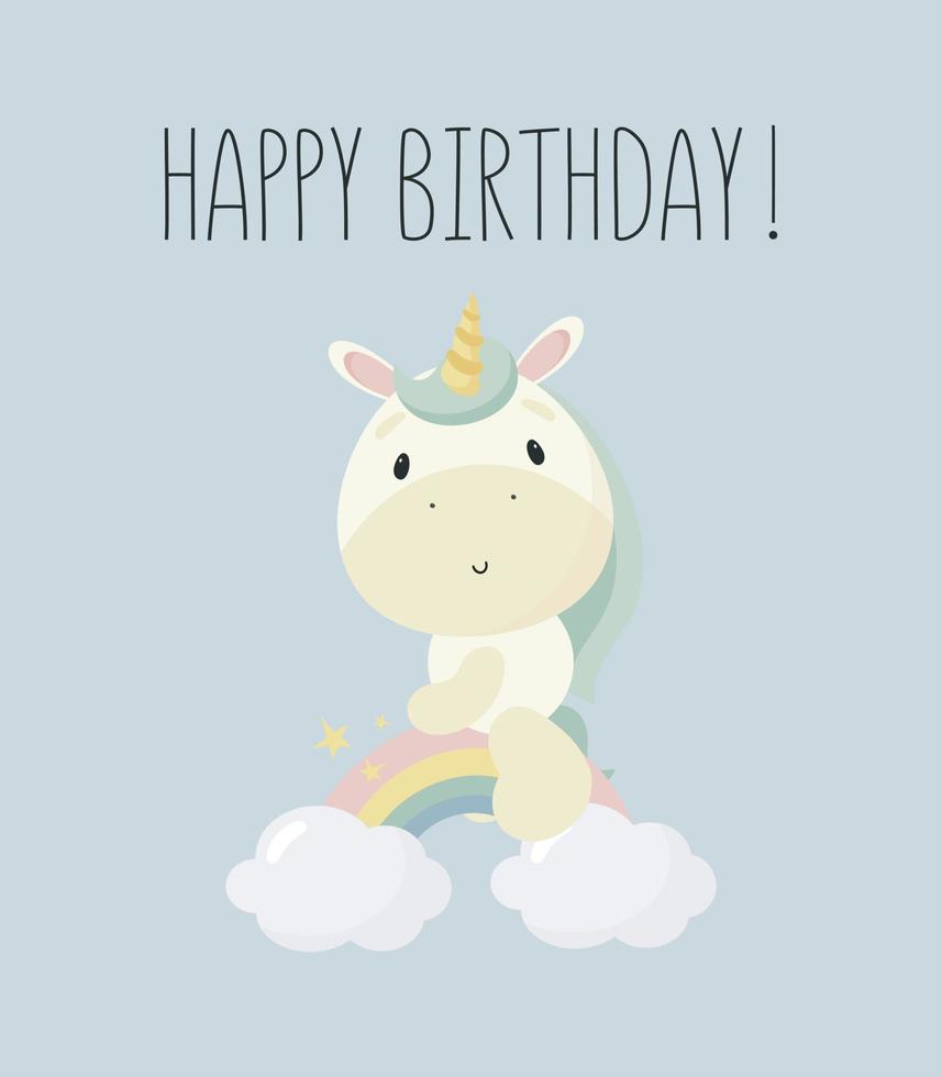 fiesta de cumpleaños, tarjeta de felicitación, invitación de fiesta. ilustración infantil con unicornio mágico. ilustración vectorial en estilo de dibujos animados. vector