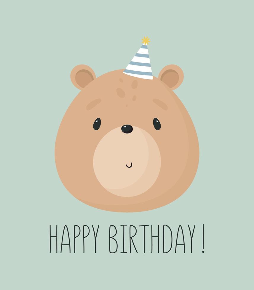 Birthday Party, Greeting Card, Party Invitation. Kids illustration with Cute Bear. Vector illustration in cartoon style.