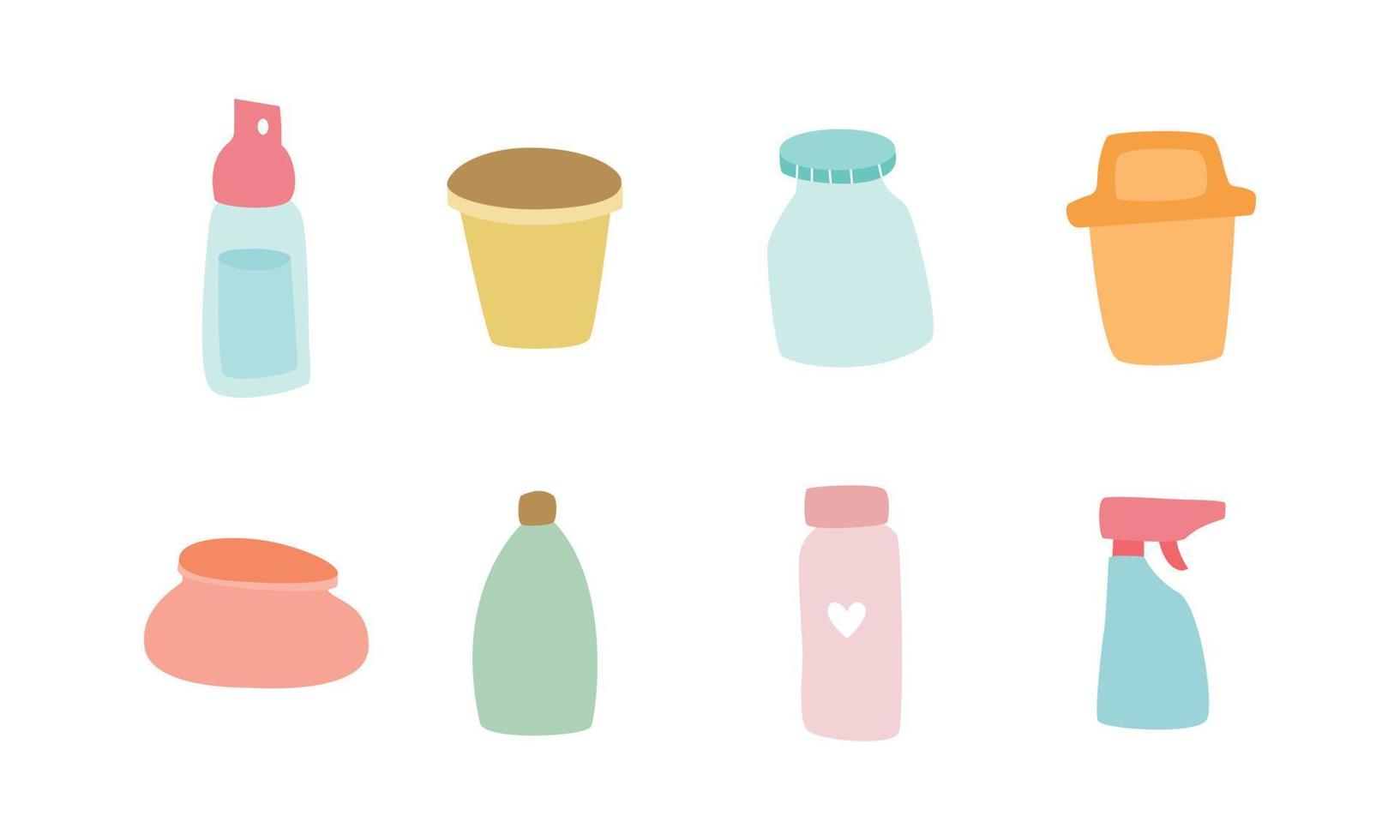 conjunto de basura o desechos plásticos, bolsas, botellas de plástico, vasos. ilustración de objetos ecológicos. ilustración de estilo de diseño plano simple vector