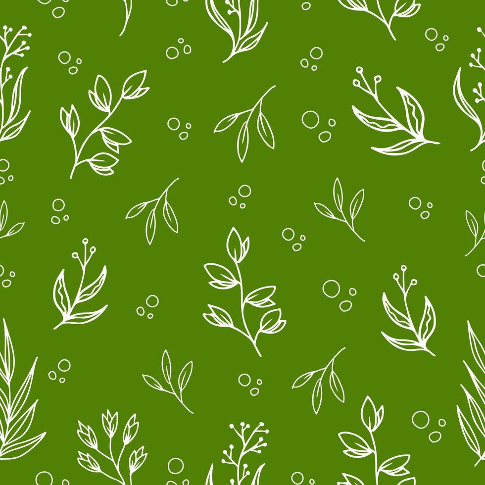 green floral seamless pattern with outline leaves vector