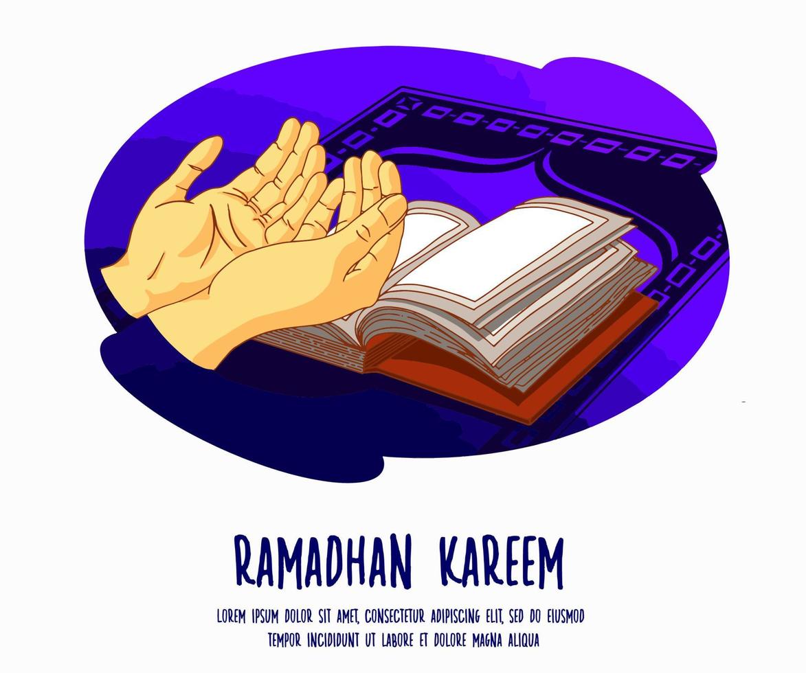 RAMADHAN KAREEM FLAT ILLUSTRATION PRAY AND READING QURAN VECTOR