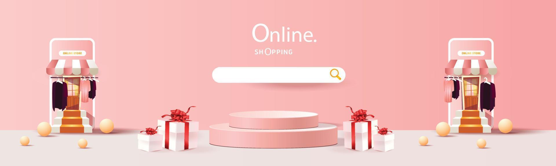 shopping online on phone with podium paper art modern pink background gifts box vector. vector