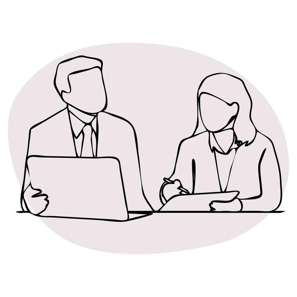 Business people discussing on laptop. Line art. vector