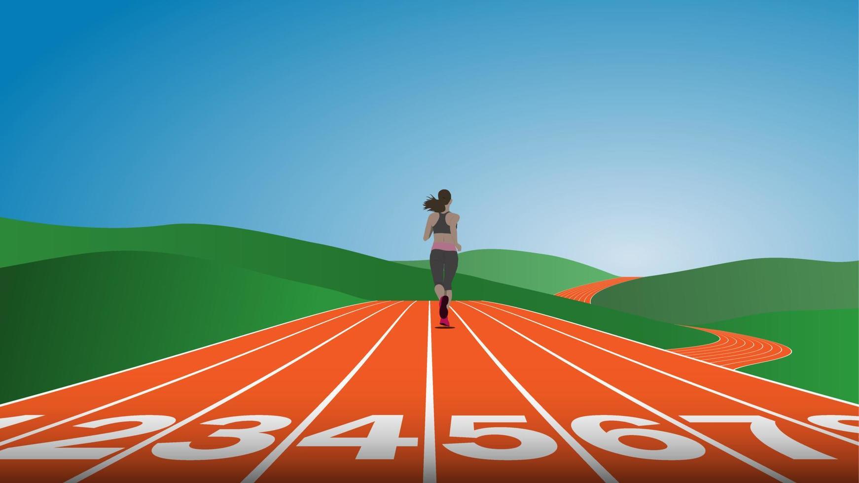 Female athlete running on abstract spiral track in the hill. vector