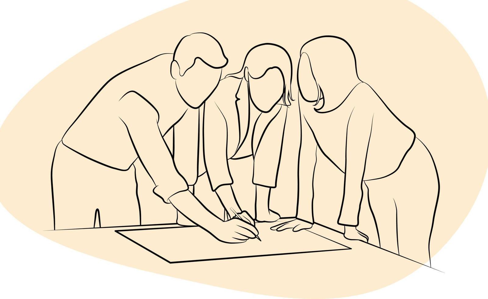 Business people discussing on table. Line art. vector