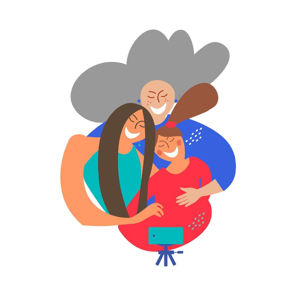 A family of three generations of women take selfies on a smartphone vector