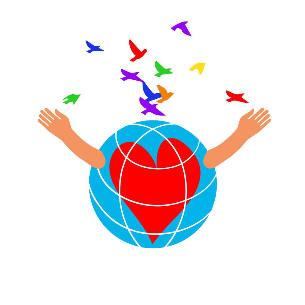 Spring. The globe with children's hands releases colored birds. vector