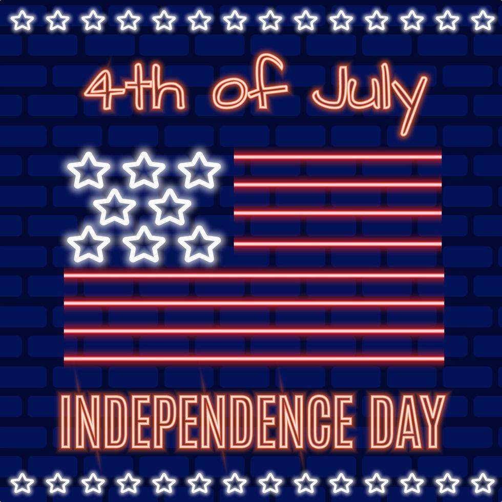 4th of july American independence day vector neon banner. Night bright signboard, light patriotic Independence day illustration