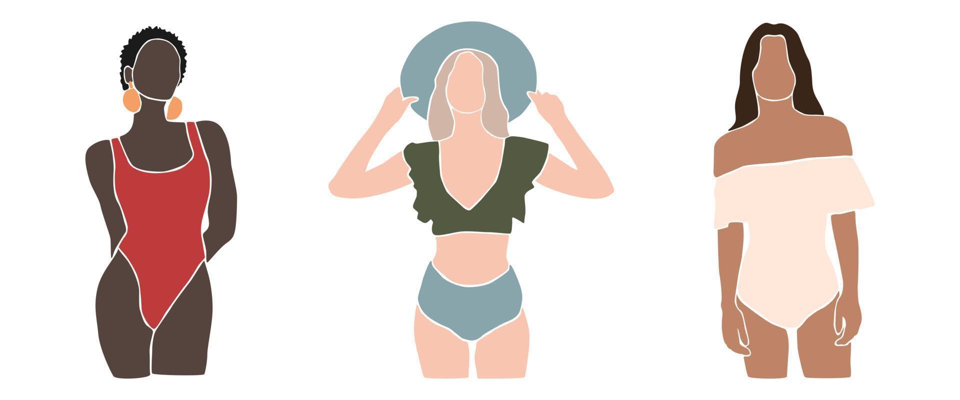 Set of modern abstract woman body figure in swimsuit. Silhouette of faceless woman. International women in underwear. Contemporary art. Minimalist aesthetic vector illustration. Summer fashion.