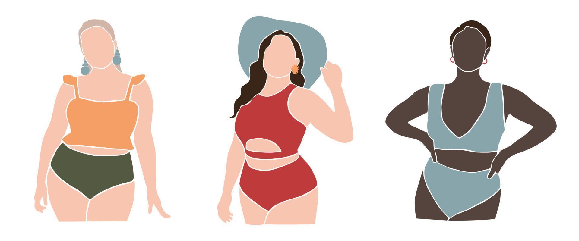 Set of modern abstract womans body figure in swimsuit. Female shape. International plus size women in underwear. Contemporary art. Silhouette of summer faceless woman. Aesthetic vector illustration