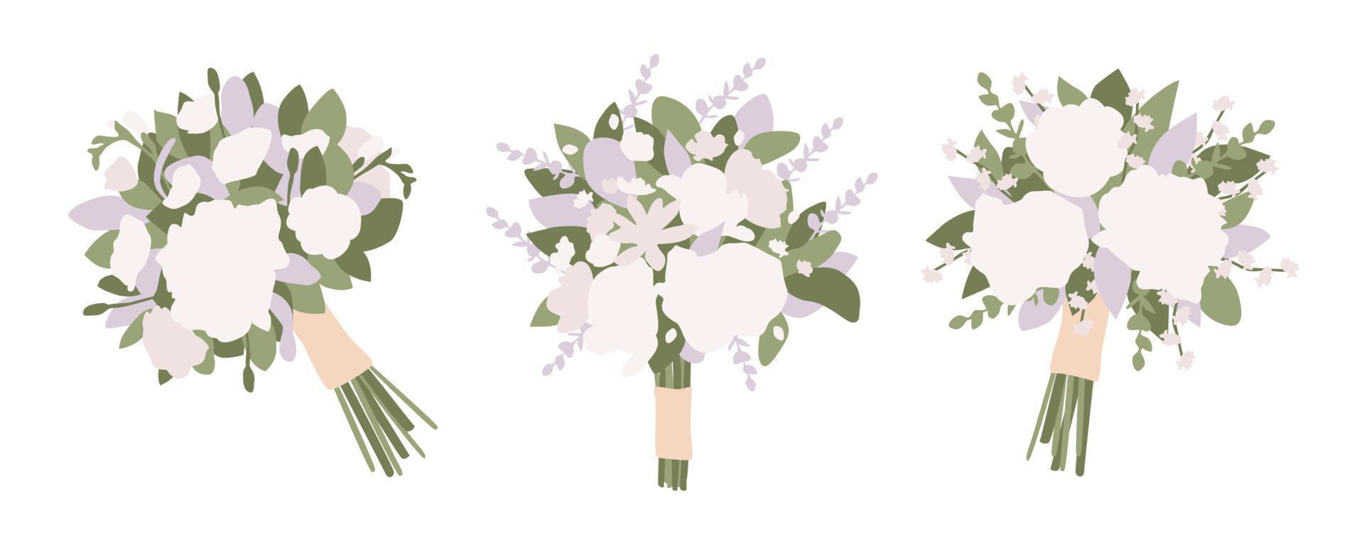 Set of wedding white bouquets with flowers rose, peony, eucalyptus, green leaves. Cartoon bouquet with ribbon for holidays. Boho bridal wedding arrangements. Hand drawn flat Vector illustration