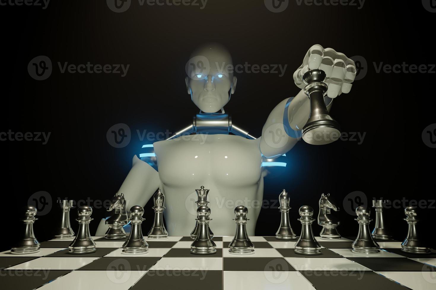 Robot chess armies on the wooden chessboard. Empty place for text. chess battle 3d illustration photo