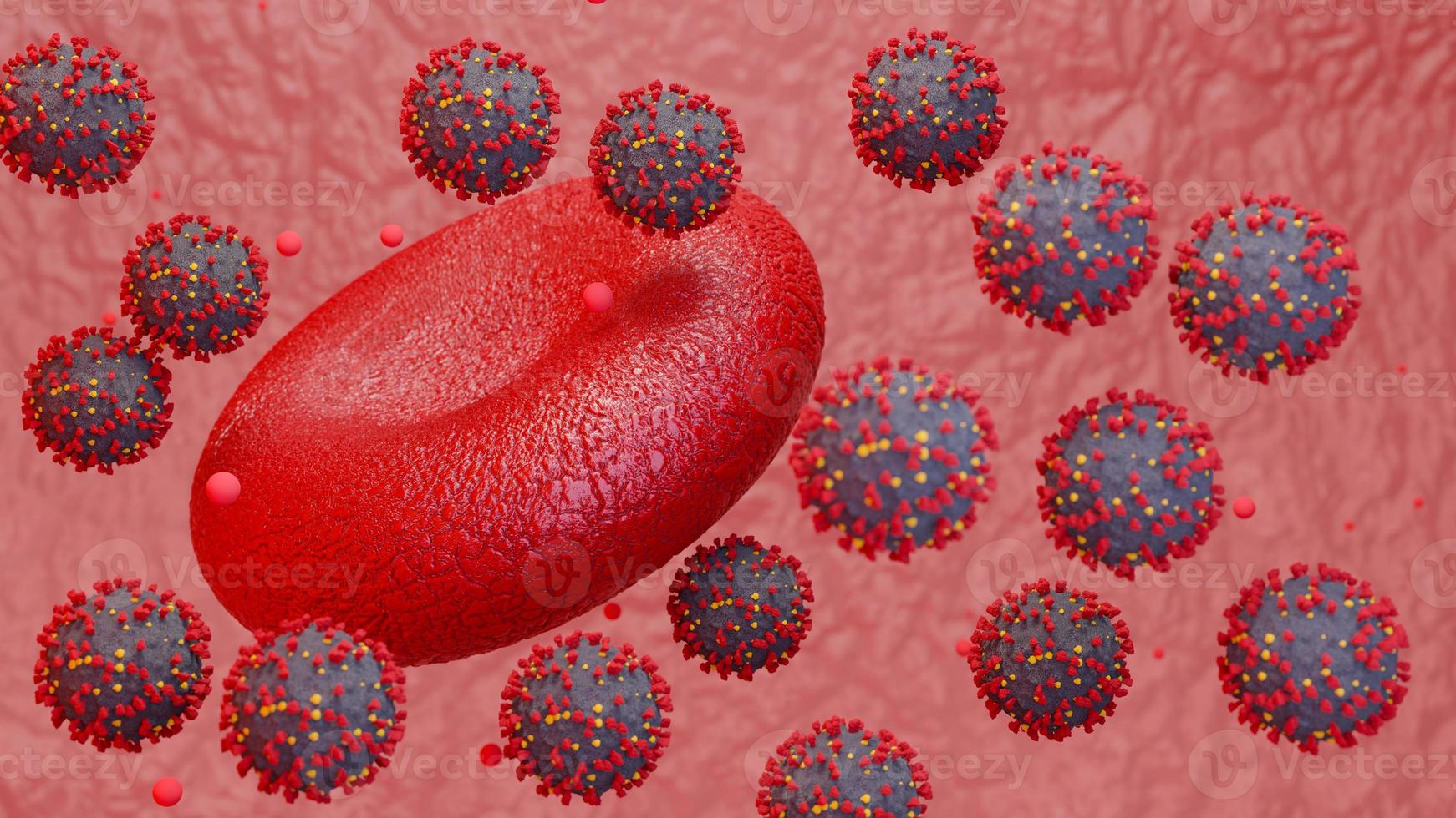 Microscope virus attack blood close up concept art . Virus attacking red blood cells , 3d render photo