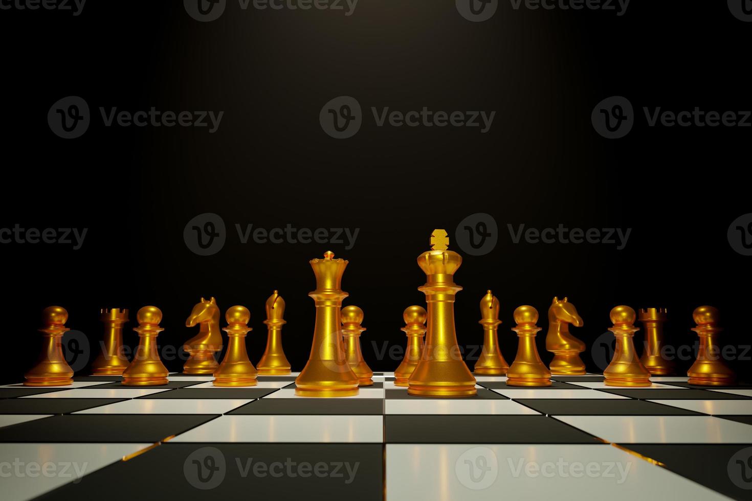 Two chess armies on the wooden chessboard. Empty place for text. chess battle 3d illustration photo
