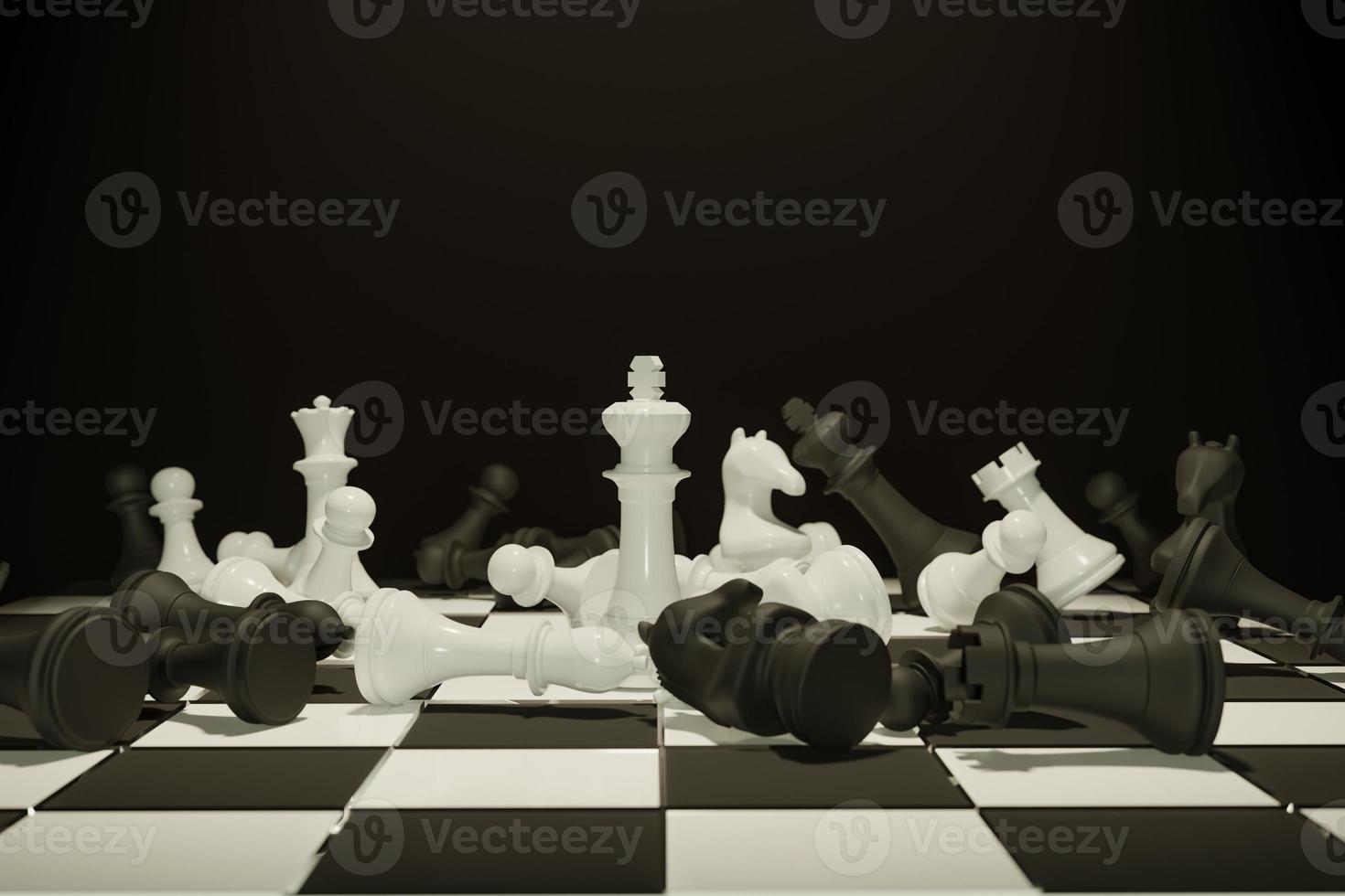 Two chess armies on the wooden chessboard. Empty place for text. chess battle 3d illustration photo
