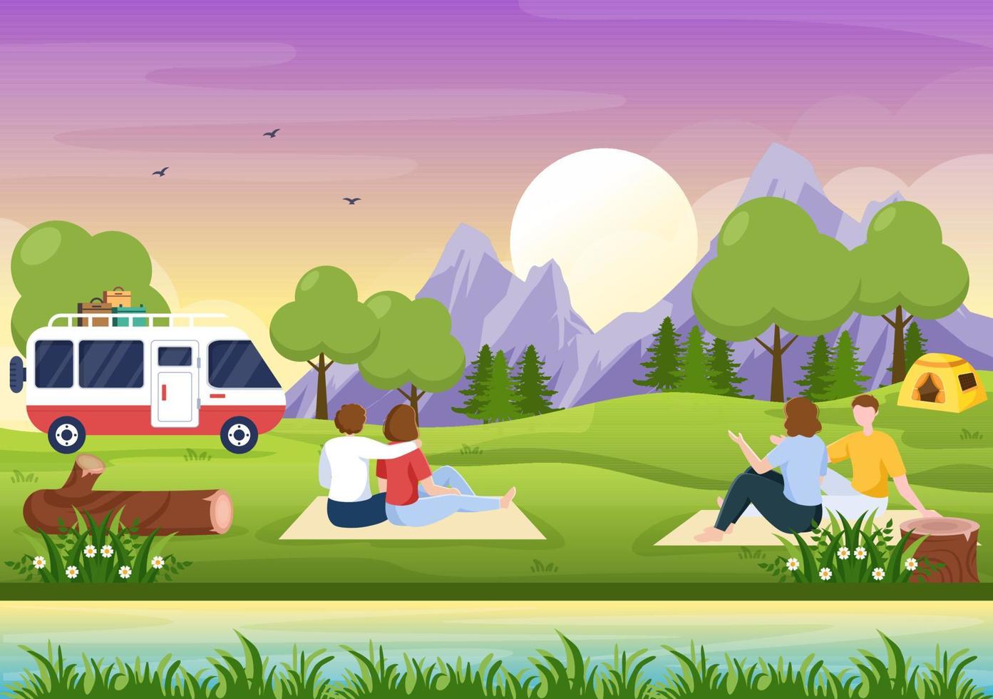 ilustración de fondo de autocaravana con carpa, fogata, leña, autocaravana y su equipo para personas en viajes de aventura o vacaciones en el bosque o las montañas vector