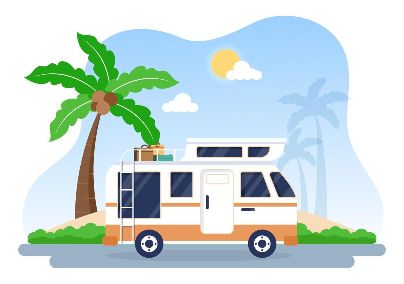 ilustración de fondo de autocaravana con carpa, fogata, leña, autocaravana y su equipo para personas en viajes de aventura o vacaciones en el bosque o las montañas vector