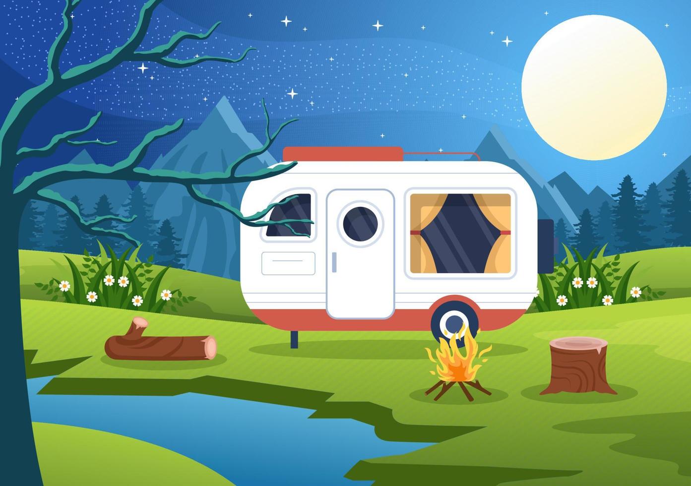 ilustración de fondo de autocaravana con carpa, fogata, leña, autocaravana y su equipo para personas en viajes de aventura o vacaciones en el bosque o las montañas vector