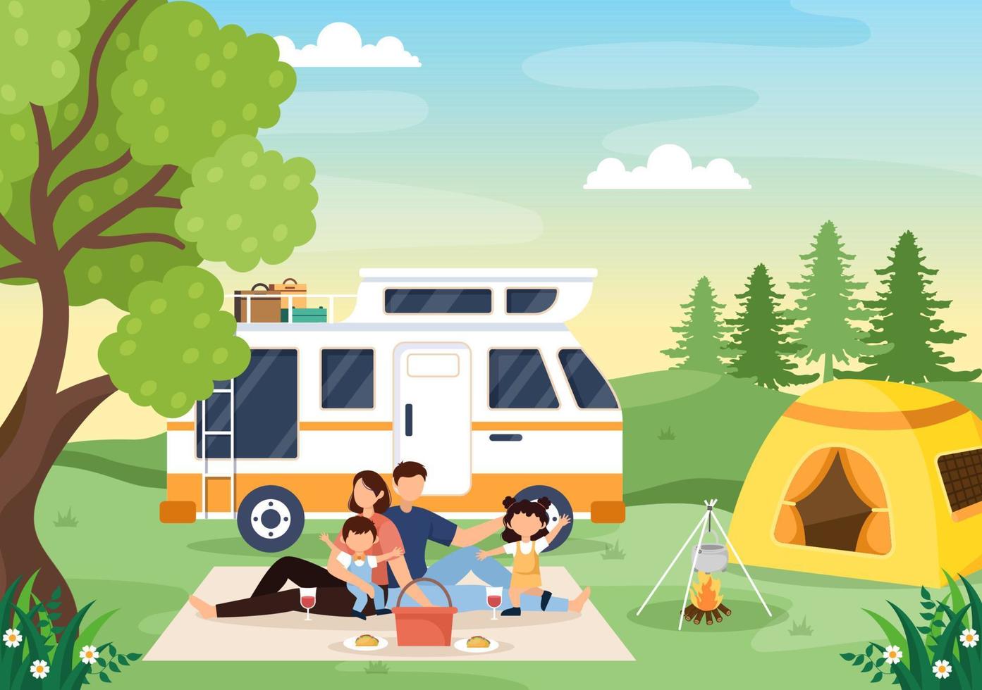 ilustración de fondo de autocaravana con carpa, fogata, leña, autocaravana y su equipo para personas en viajes de aventura o vacaciones en el bosque o las montañas vector