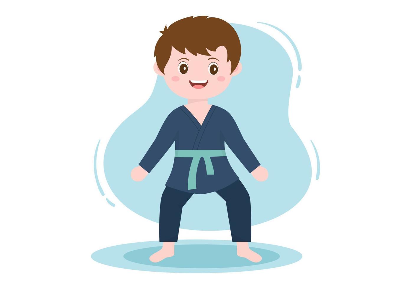 Cute Cartoon Kids Doing Some Basic Karate Martial Arts Moves, fighting Pose and Wearing Kimono in Flat Style Background Vector Illustration