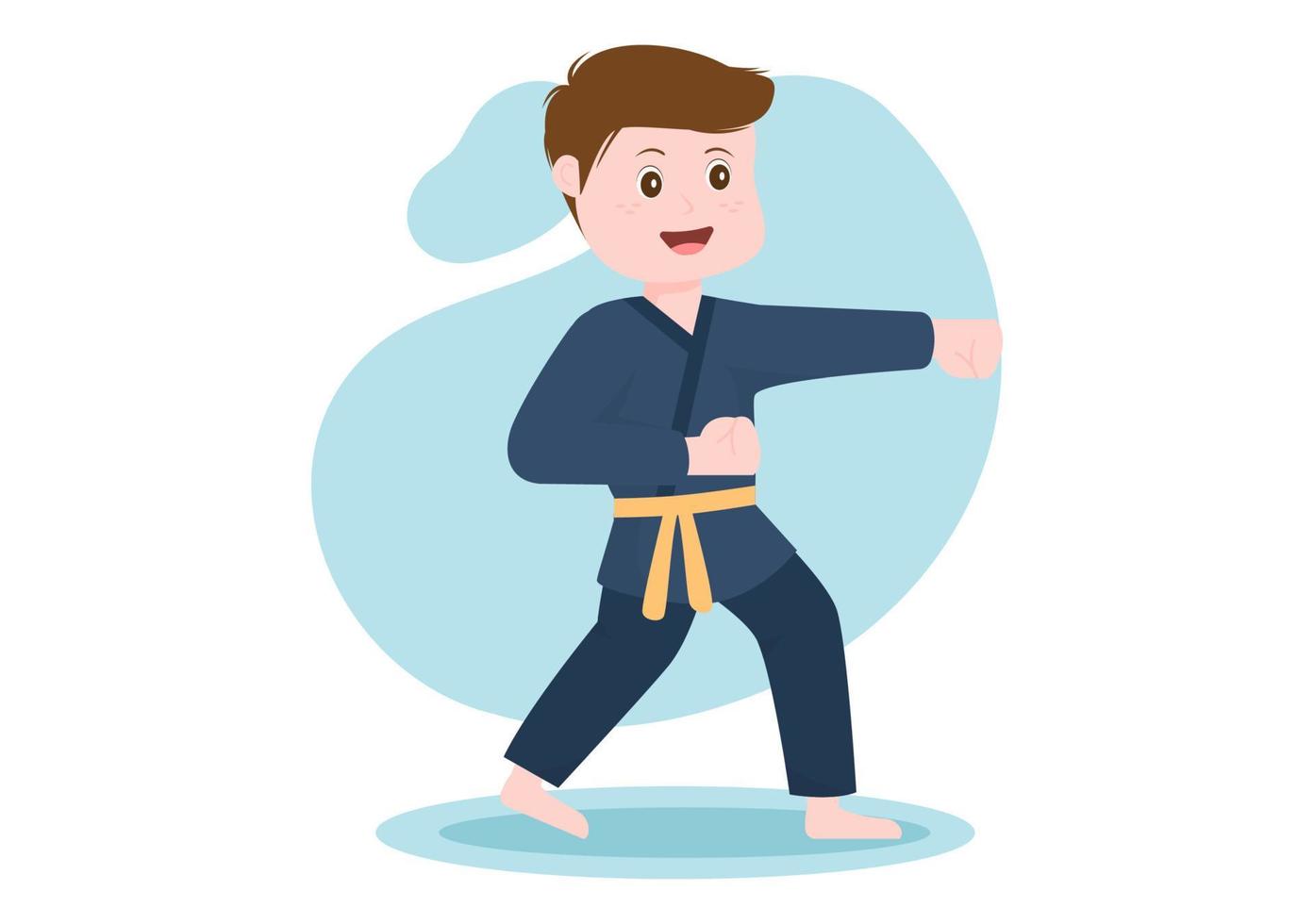 lindos niños de dibujos animados haciendo algunos movimientos básicos de artes marciales de karate, pose de lucha y usando kimono en ilustración de vector de fondo de estilo plano