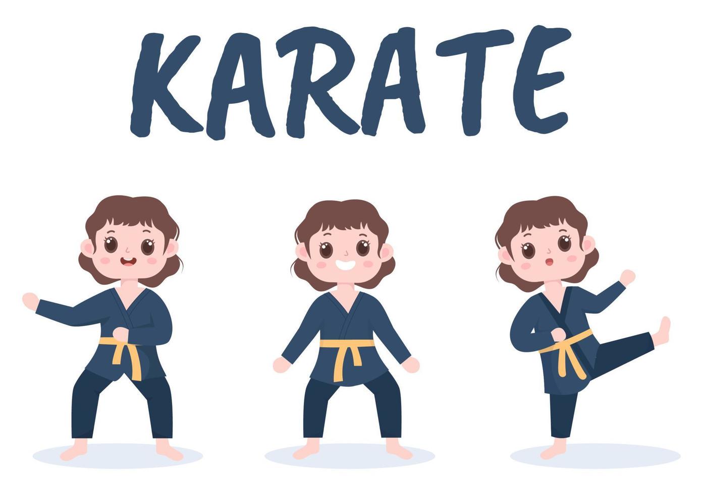 lindos niños de dibujos animados haciendo algunos movimientos básicos de artes marciales de karate, pose de lucha y usando kimono en ilustración de vector de fondo de estilo plano