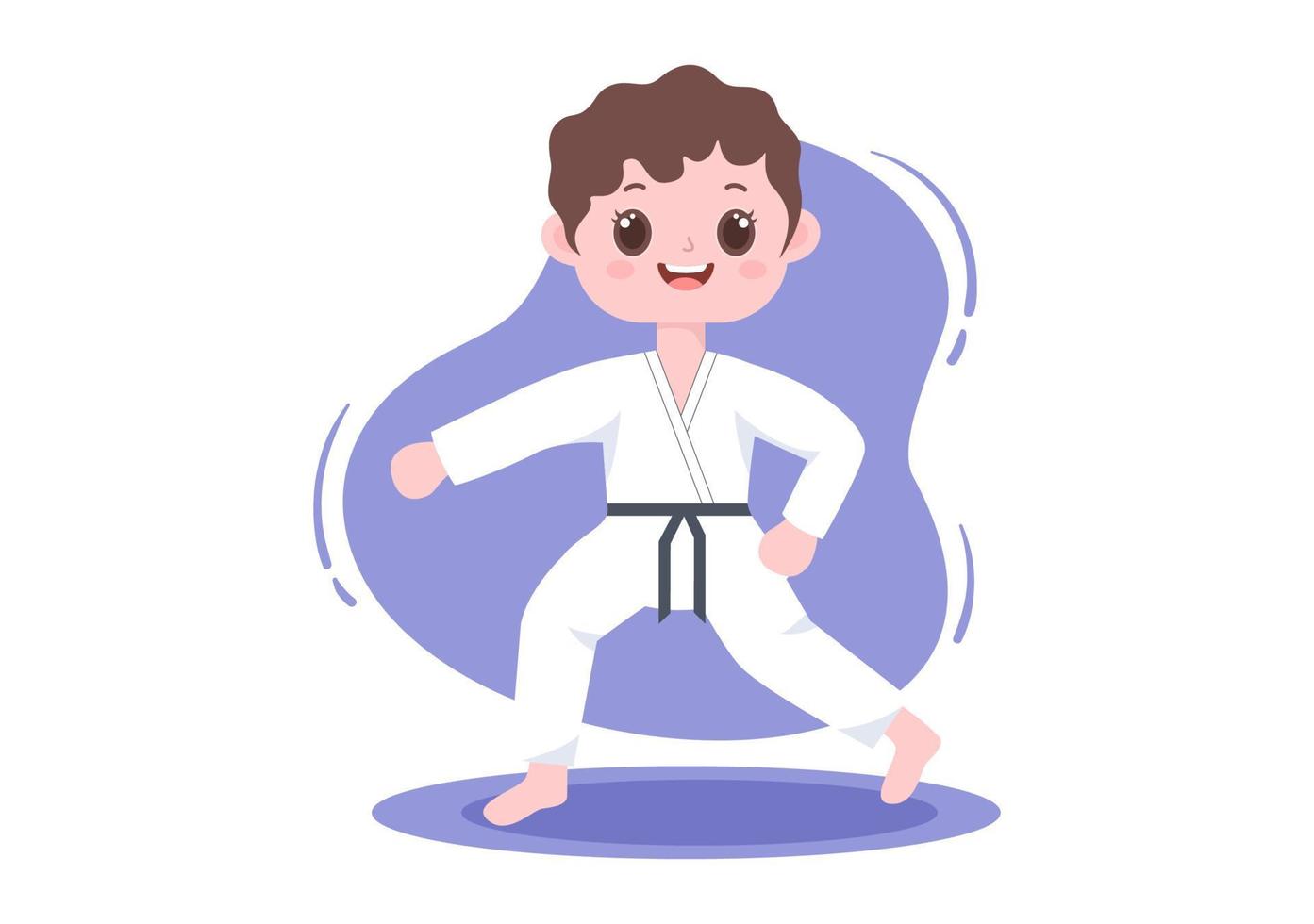 lindos niños de dibujos animados haciendo algunos movimientos básicos de artes marciales de karate, pose de lucha y usando kimono en ilustración de vector de fondo de estilo plano