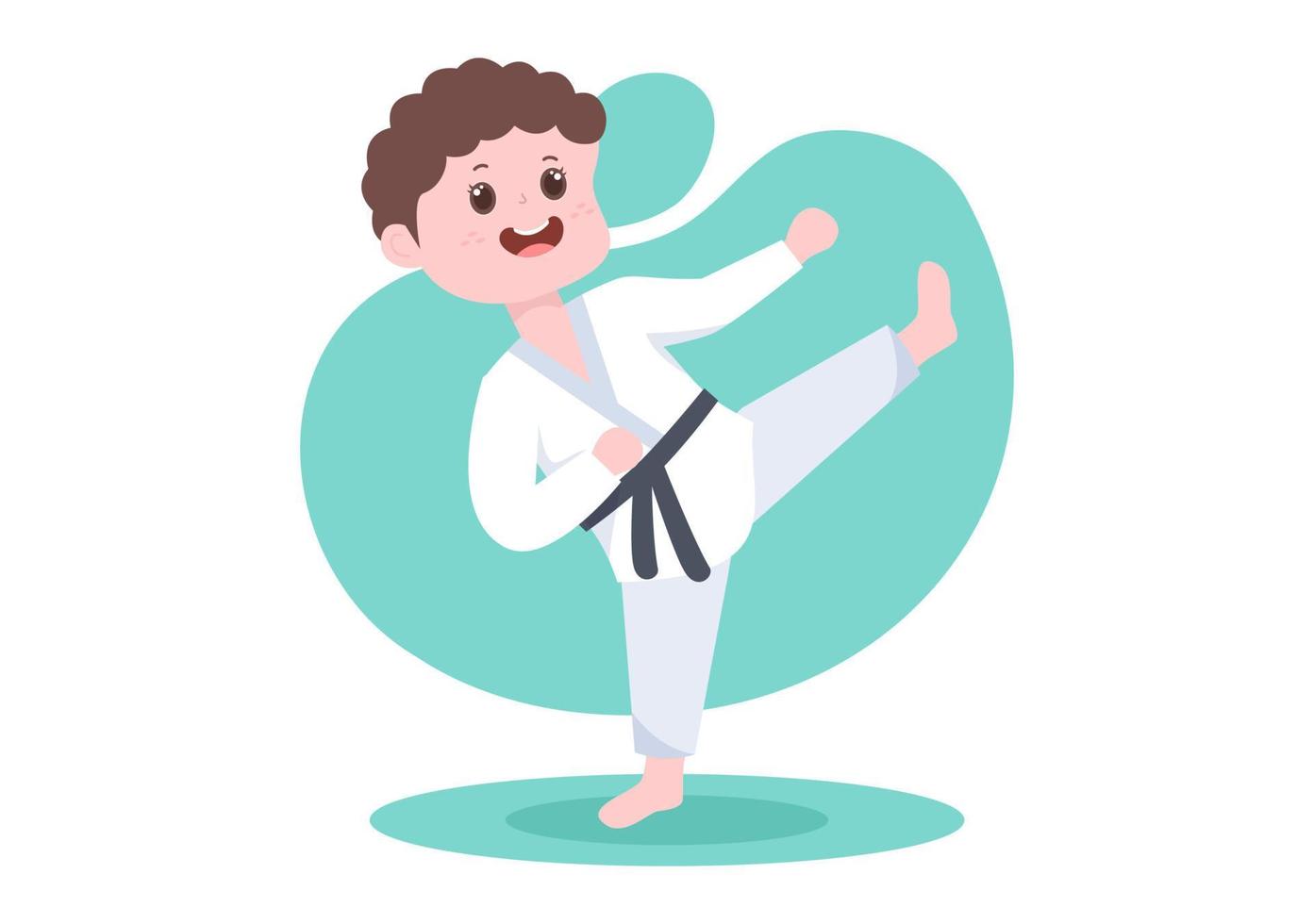 lindos niños de dibujos animados haciendo algunos movimientos básicos de artes marciales de karate, pose de lucha y usando kimono en ilustración de vector de fondo de estilo plano