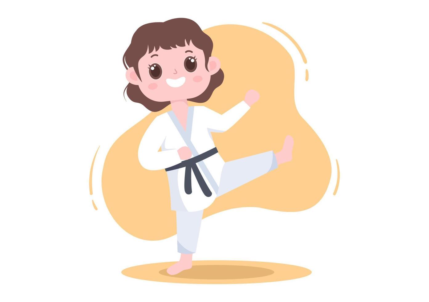 lindos niños de dibujos animados haciendo algunos movimientos básicos de artes marciales de karate, pose de lucha y usando kimono en ilustración de vector de fondo de estilo plano