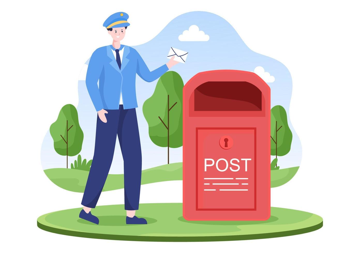 Postman Cartoon Vector Illustration Wearing a Uniform Carrying a Backpack Containing Letters to Send or Placing Envelope in Postal Service Mailbox