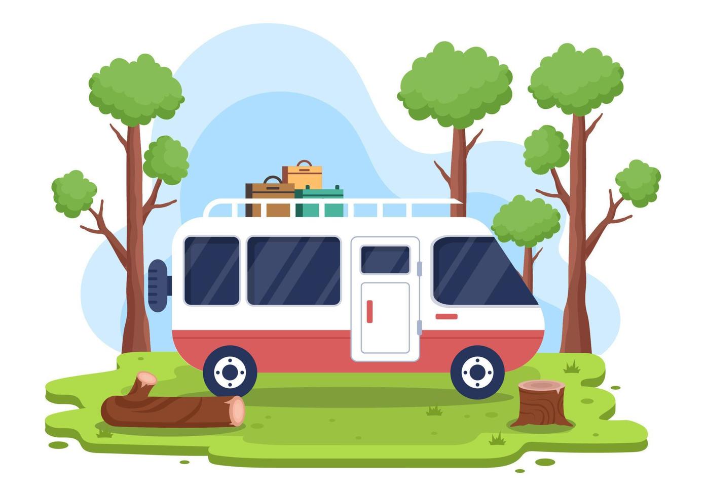 Camping Car Background Illustration with Tent, Campfire, Firewood, Camper Car and its Equipment for People on Adventure Tours or Holidays in the Forest or Mountains vector