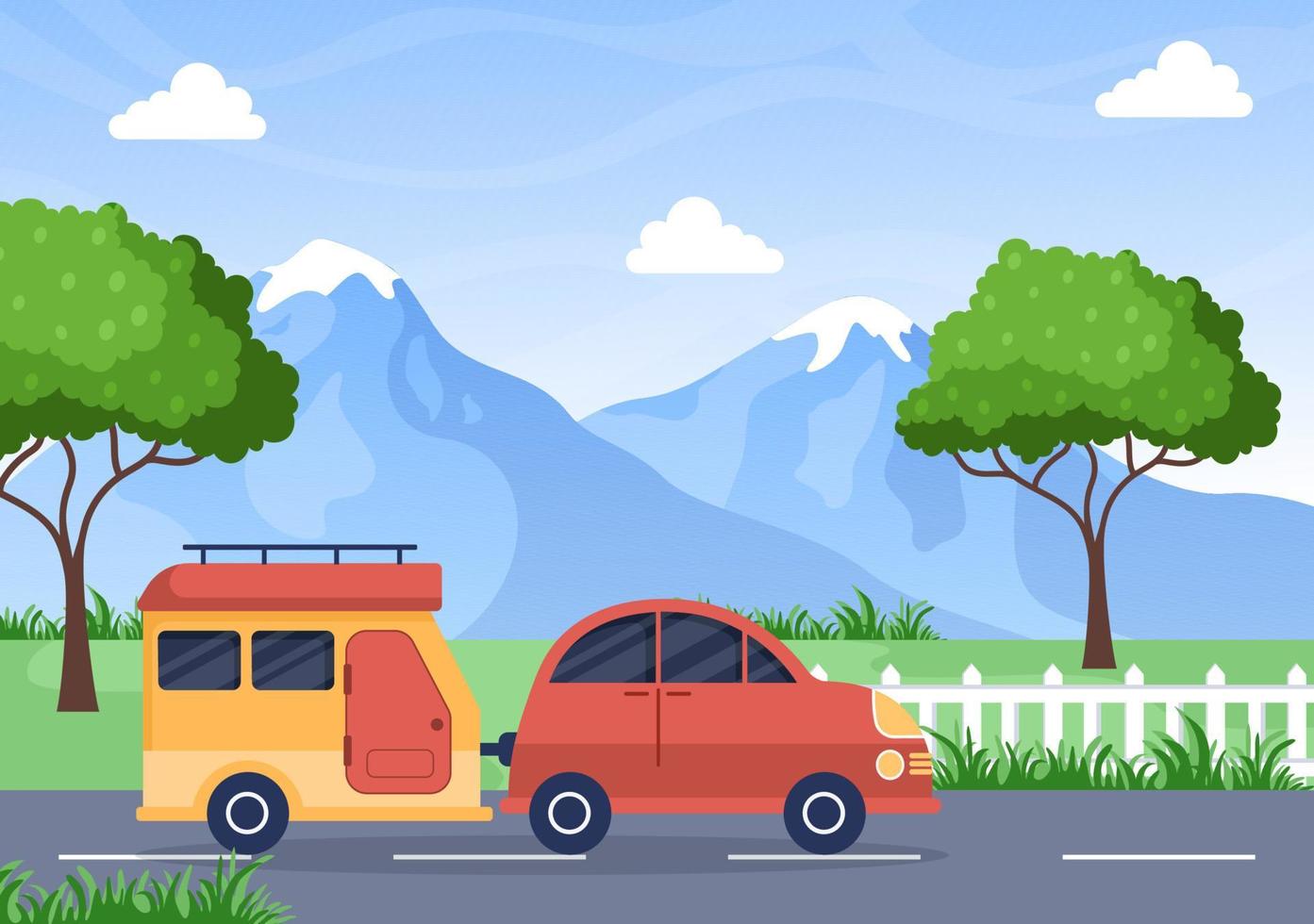 ilustración de fondo de autocaravana con carpa, fogata, leña, autocaravana y su equipo para personas en viajes de aventura o vacaciones en el bosque o las montañas vector