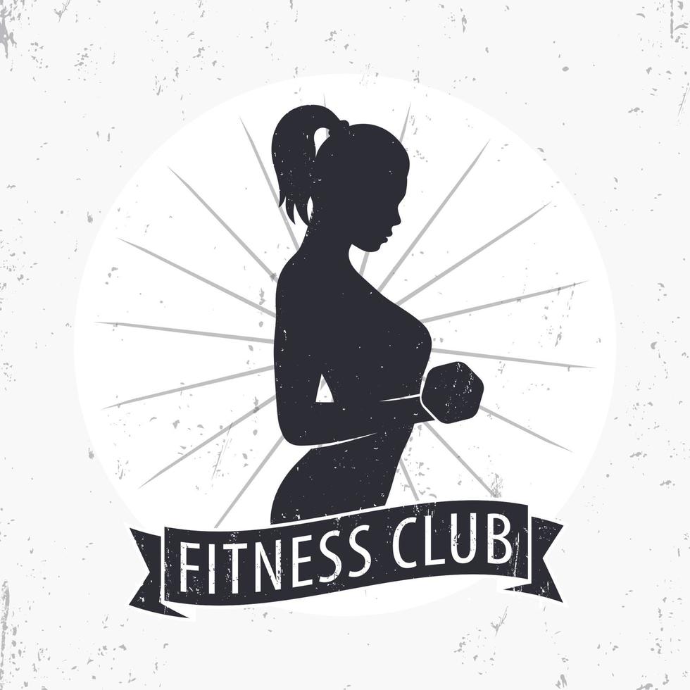 Fitness Club logo with posing athletic girl and ribbon, fitness club emblem elements, vector illustration