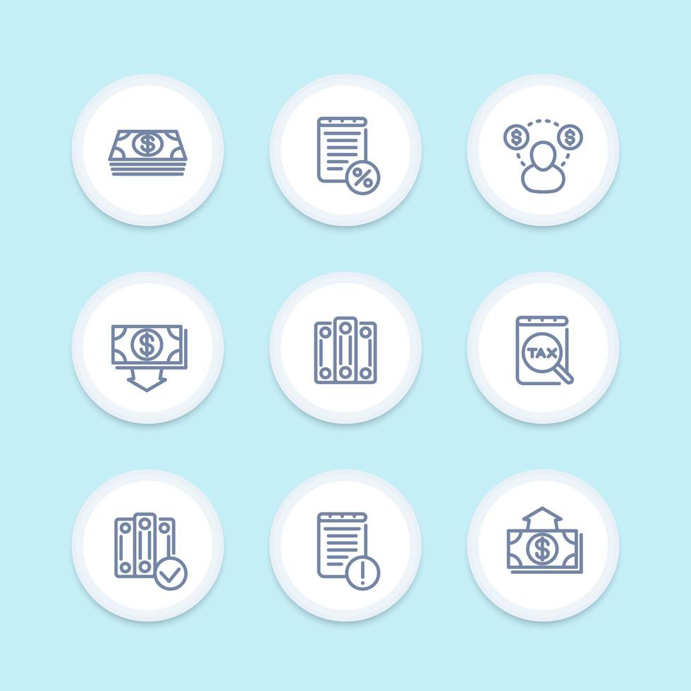 Bookkeeping icons in linear style, accounting, tax, payroll, outlay, costs vector