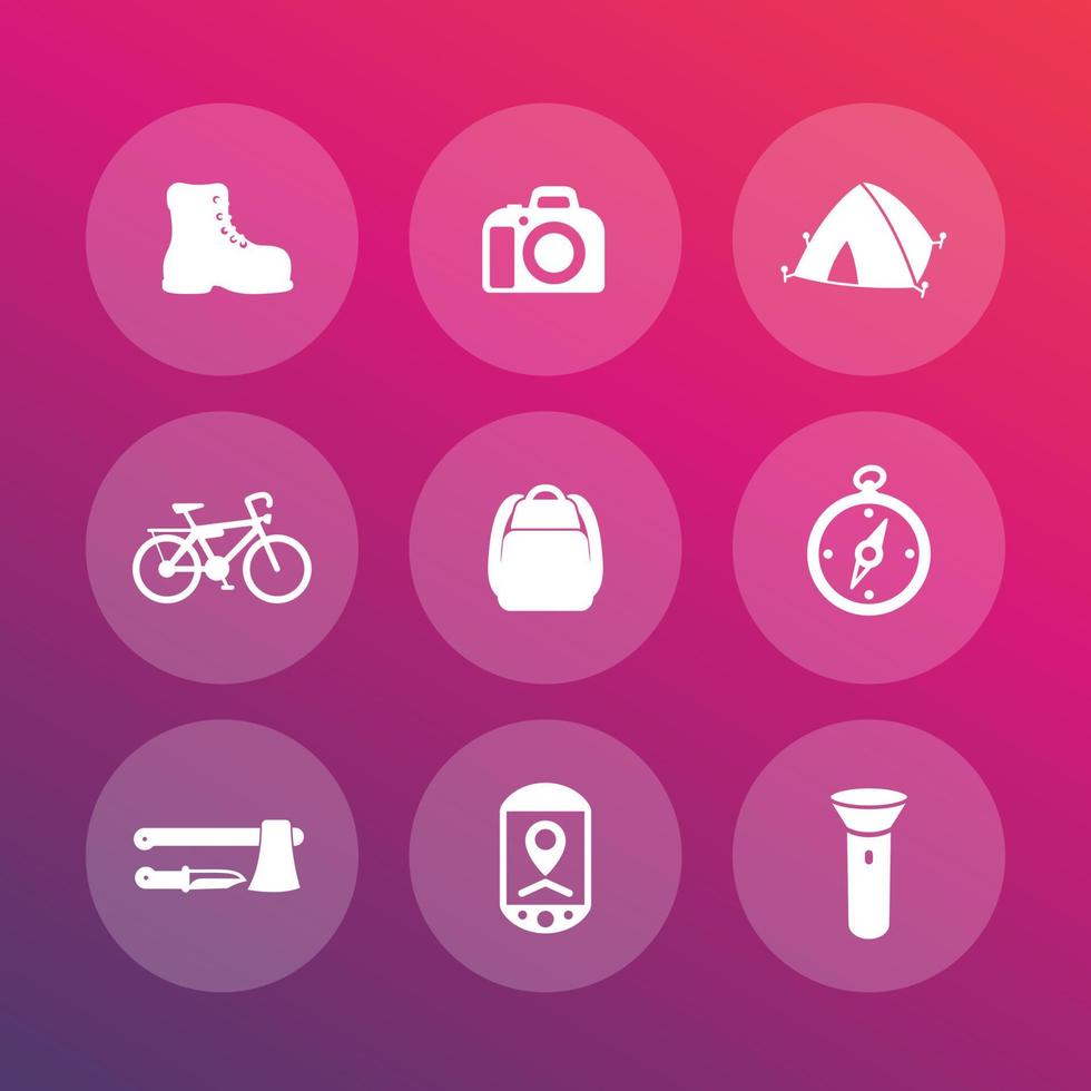 Hiking, camping icons set, backpack, flashlight, tent, boot, compass vector