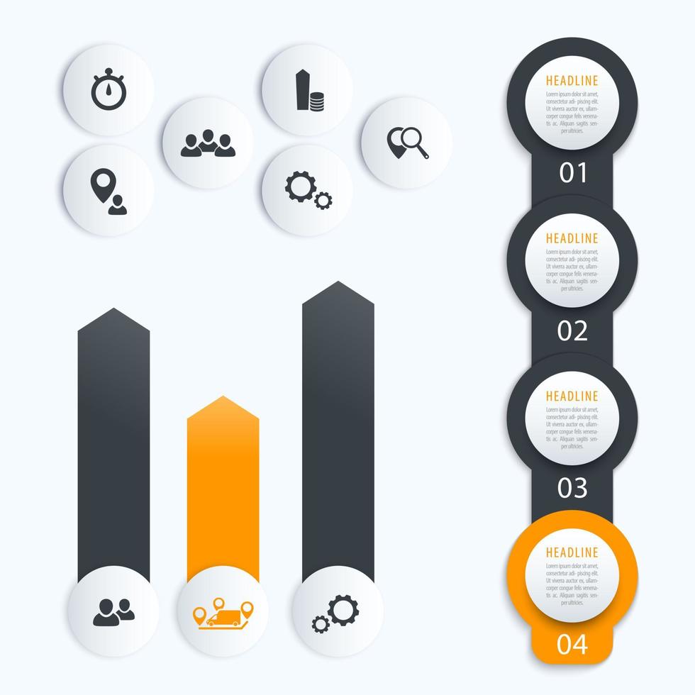 línea de tiempo vertical, elementos vectoriales para infografías de negocios, 1, 2, 3, 4, etiquetas de paso y gráfico vector