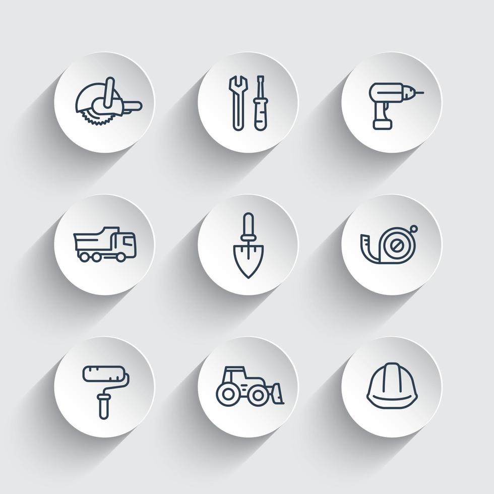 construction line icons, equipment and tools, trowel, tape-measure, roller, drill, bulldozer, truck vector
