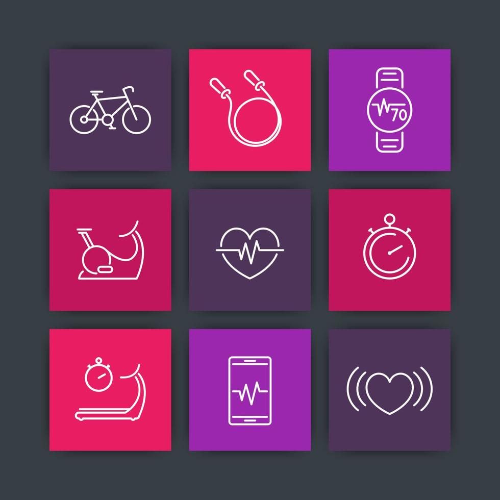 cardio, fitness, entrenamiento cardíaco, iconos de línea cuadrada, pictogramas, ilustración vectorial vector