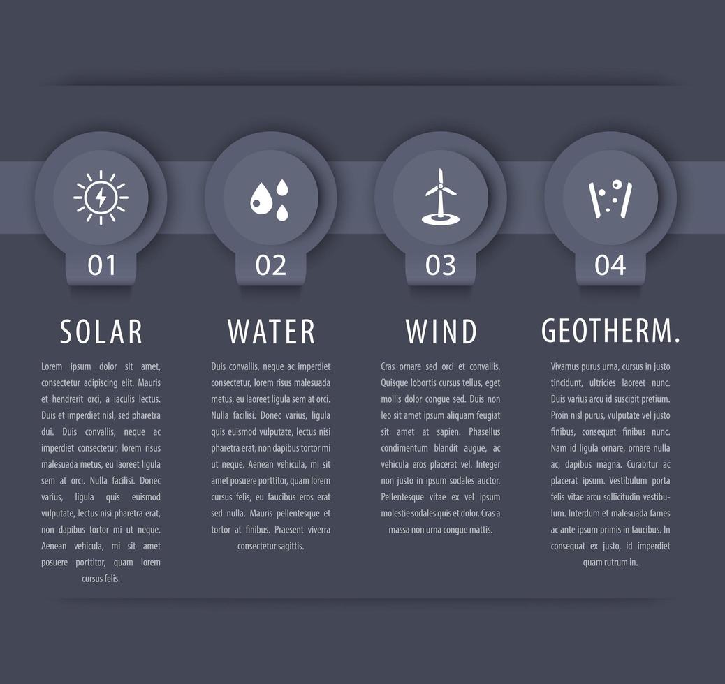 soluciones de energía alternativa, solar, energía eólica, elementos infográficos, línea de tiempo gris vector