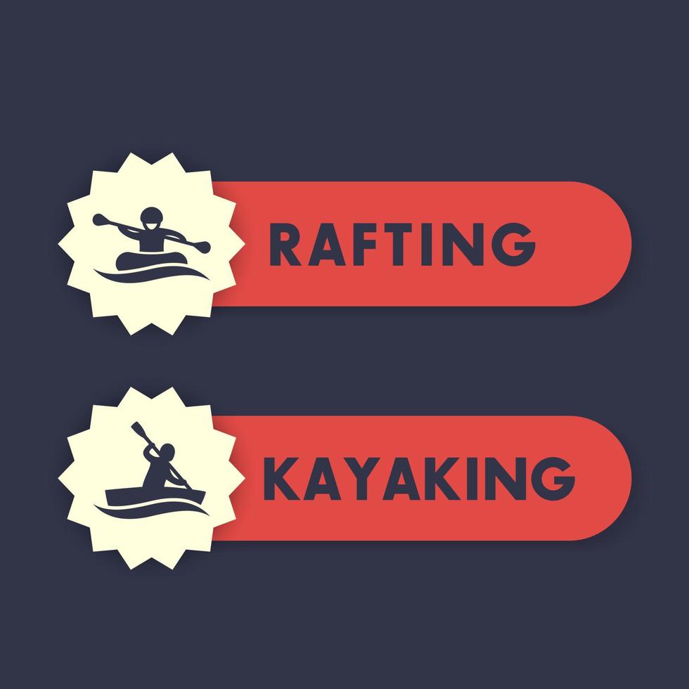 Kayaking, rafting icons, labels, banners vector