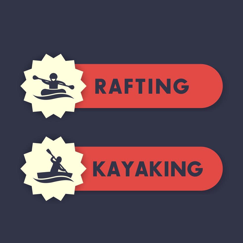 kayak, iconos de rafting, etiquetas, pancartas vector