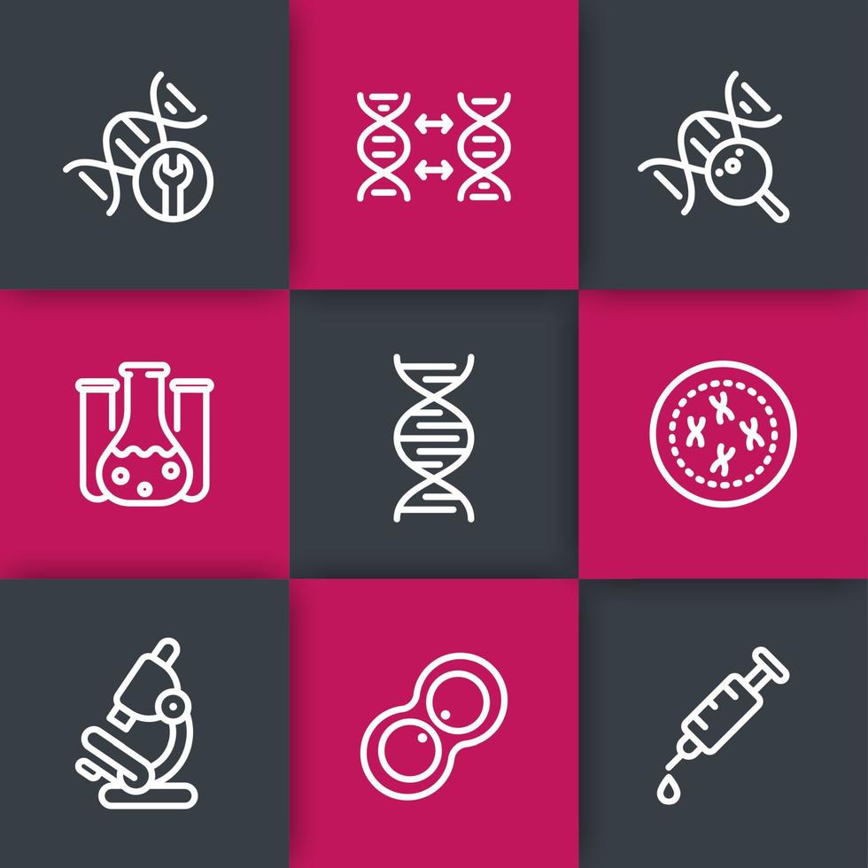 conjunto de iconos de línea genética, modificación genética, investigación, laboratorio, cadena de adn, replicación vector